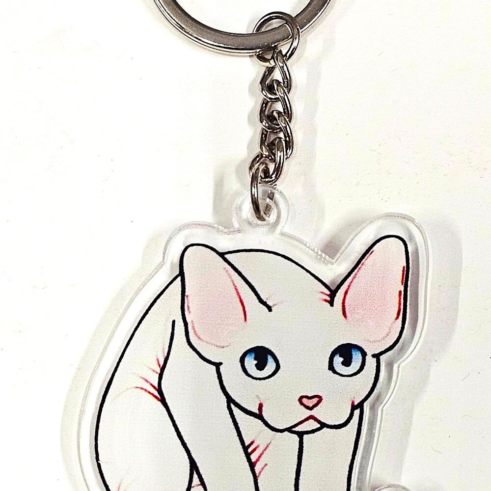 Sphynx Cat Acrylic Keychain White Kitty Blue Eyes Pet Lover Gift Charm Backpack